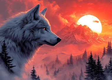 Wolf in a Fiery Landscape