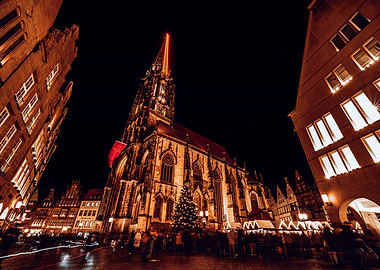 Illuminated Lambertikirche in Münster at Night