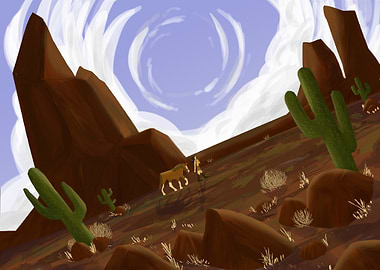 Desert landscape with horse and rider