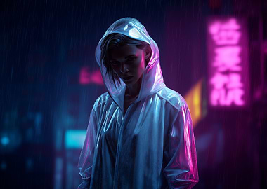 Woman in Raincoat, Neon Cityscape