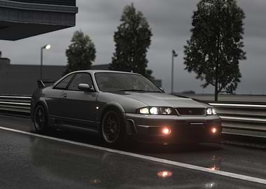 Silver Nissan Skyline R33 on Road
