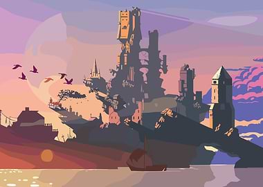 Fantasy Castle Island at Sunset