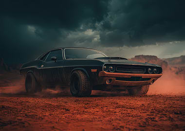 Black Muscle Car in Desert Landscape