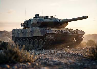 Camouflaged Tank in Desert Landscape