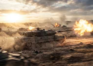Leopard 2 Tank firing on a battlefield