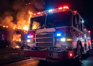 Firetruck at Night with Burning Building