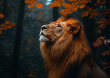 Lion Looking Up in Autumn Forest