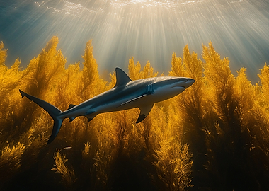 Shark swimming through kelp forest