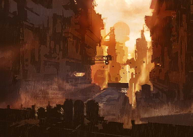 Dystopian Cityscape with Golden Light