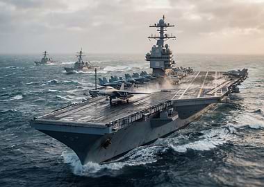 Aircraft carrier at sea with planes