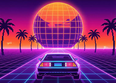 Retro Car on Grid Road