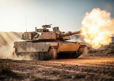 Tank firing in desert landscape