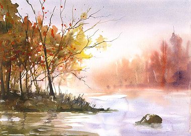 Autumnal Watercolor Landscape with Misty Lake