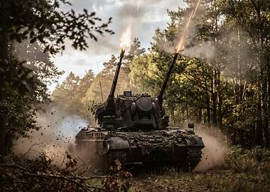 Military Tank Firing in Forest