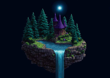 Floating Island with Castle and Waterfall