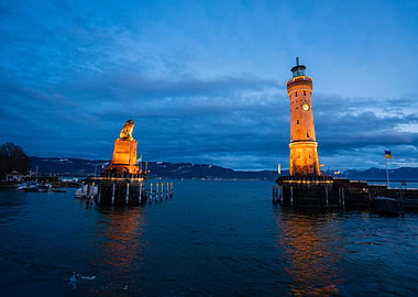 Lindau Lighthouse and Bavarian Lion at Dusk