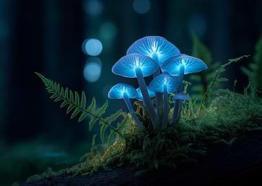 Glowing Mushrooms in Dark Forest