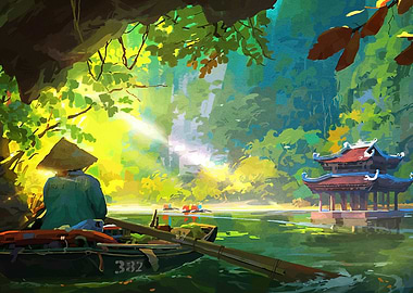 Tranquil River Scene with Asian Architecture