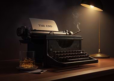 Vintage Typewriter with Whiskey and Cigarette