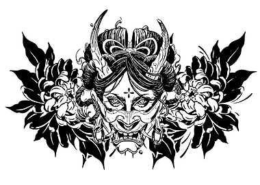 Hannya Mask with Chrysanthemum Flowers