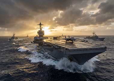Aircraft Carrier at Sea During Sunset