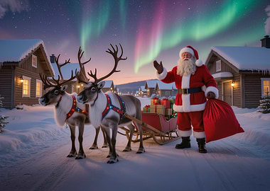 Santa Claus and Reindeer in Snowy Village