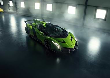 Green Lamborghini Veneno Roadster in Garage