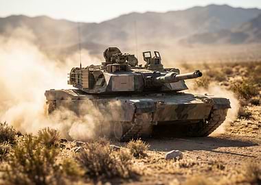 Military Tank in Desert Landscape
