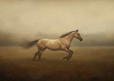 Running Horse in Misty Field