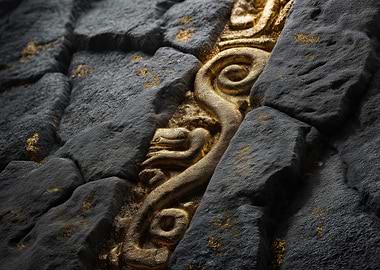 Ancient Stone Carving with Golden Serpent