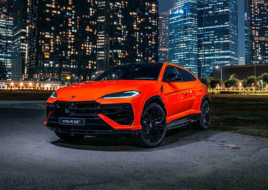 Orange Lamborghini Urus in Cityscape