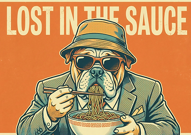 Dog in Suit Eating Noodles