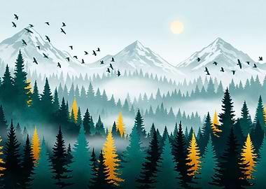 Mountain Forest Landscape with Birds