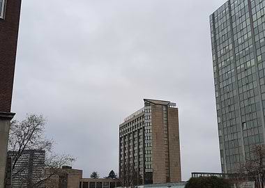 Cityscape with Tall Buildings on Cloudy Day