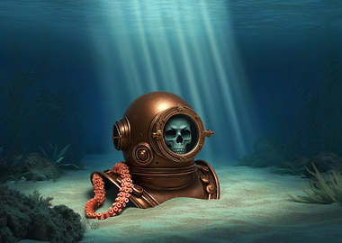 Underwater Skull Diver with Octopus