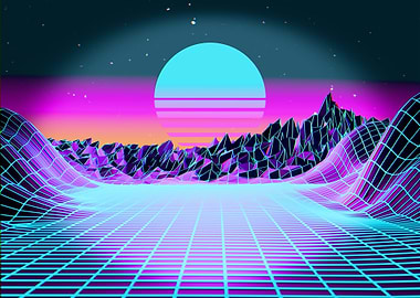 Retro Synthwave Landscape with Grid and Sun
