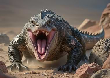 Giant Lizard Roaring in Desert