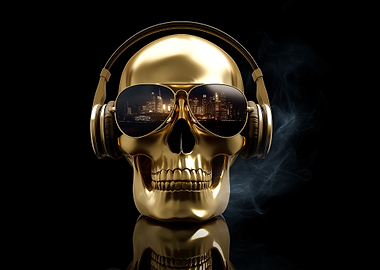Golden Skull with Headphones and Sunglasses