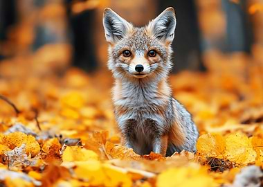 Fox in Autumn Leaves Portrait