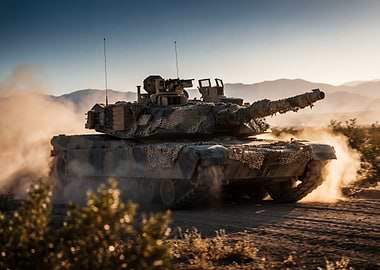 Camouflaged Tank in Desert Landscape