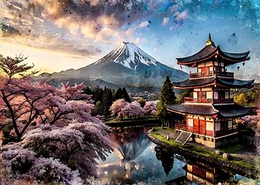 Mount Fuji and Pagoda Watercolor