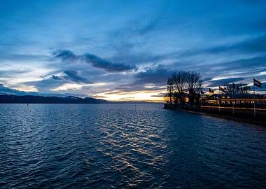 Lake at Dusk with Building