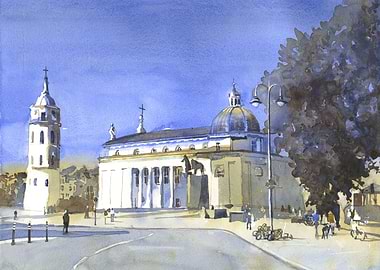 Watercolor Painting of Vilnius Cathedral Square