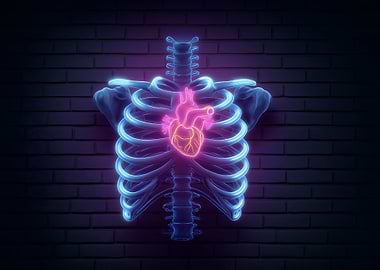 Neon Ribcage and Heart Illustration