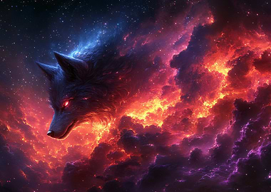 Cosmic Wolf with Fiery Nebula