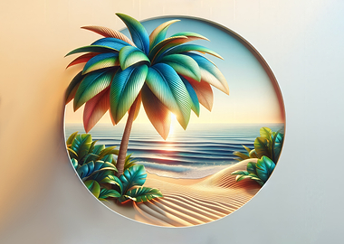 Tropical Beach Scene in Circular Frame