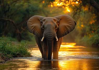 Elephant wading through golden river