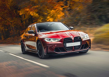 Red BMW M3 on Autumn Road