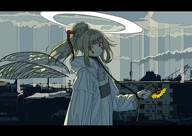 Girl with Sunflower and Halo