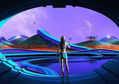 Futuristic Landscape with Woman and Butterfly